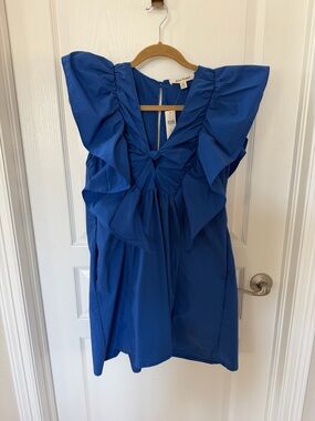 Anthropologie Cobalt Blue Ruffle-Shoulder V-Neck Tunic